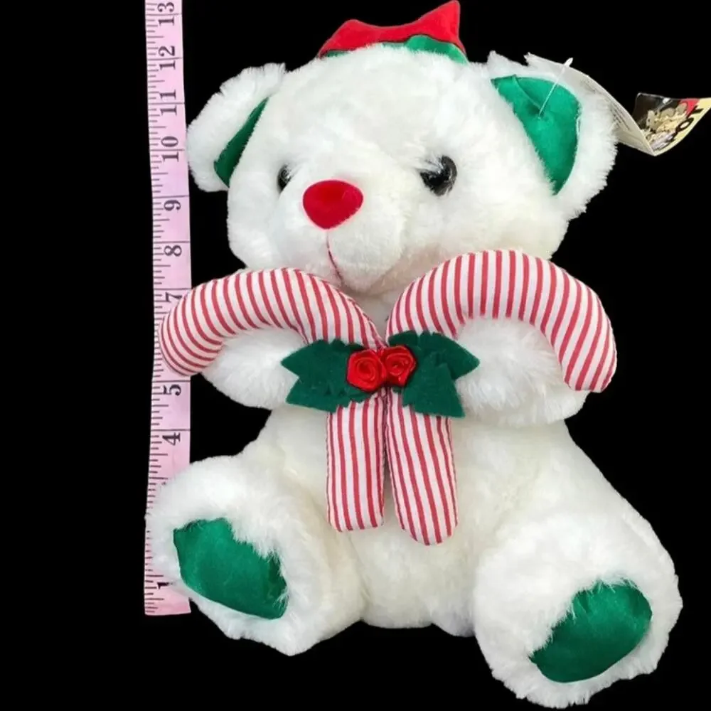 Vtg 90's White Christmas Bear Plush w/ Candy Canes & Santa Hat Green Feet TAGS